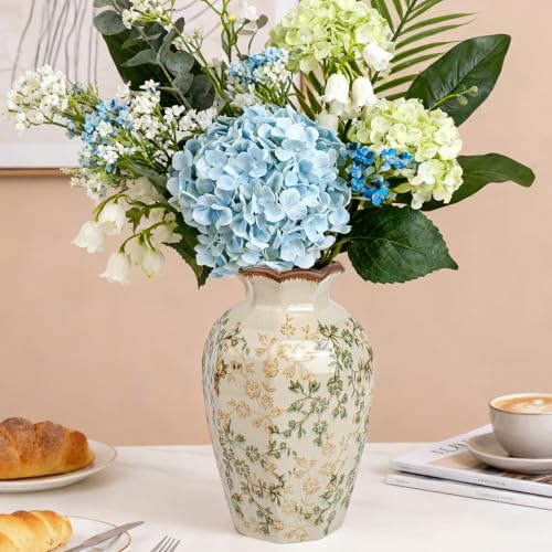 Green Vinatge Vase, Gorgeous Pastoral Octagonal Ceramic Flower Vase, Rustic Farmhouse Ice Cracked Large Chinoiserie Floral Vases for Home Decors, Cottage, Coffee Table, Bookshelf, 9.1 Inch - color: Pastoral Octagonal