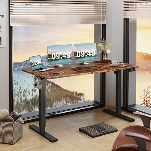 Furmax Electric Height Adjustable Standing Desk Large 55 x 24 Inches Sit Stand up Desk Home Office Computer Desk Memory Preset with T-Shaped Metal Bracke, Brown - color: Brown, size: 55 Inch