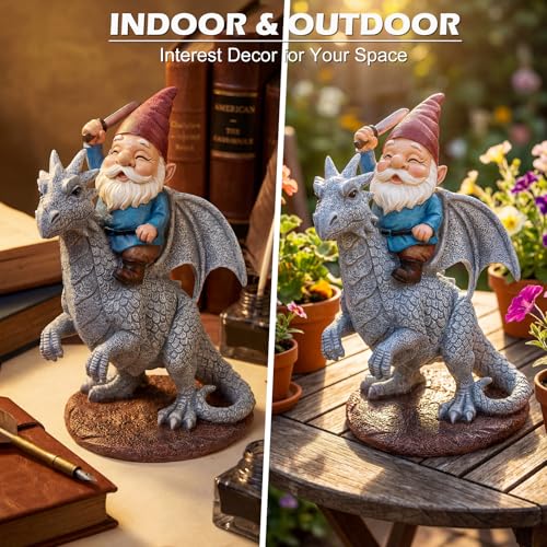 EXYGLO Gnome Garden Statue Decor, 9.7" Gnome Riding Dragon Outdoor Funny Decoration for Lawn, Patio, Yard, and Unique Housewarming, Birthday Ornament Gift for Boys, Friend, Family