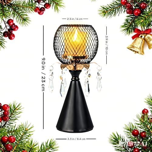 Black Metal Mesh Candle Holder with Crystal Pendants, 9.0" Decorative Pedestal Design, Candlestick with Diamond Globe Centerpiece for Holiday&Valentine's Day&Home Decor, Matte Finish, 1 Pack - color: Black
