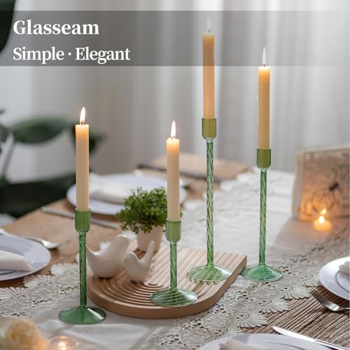 Glasseam Green Glass Candlestick Holder: Tall Candle Stick Holder Set of 4 Candlestick Holders for Taper Candles Modern Decorative Candle Holders for Table Centerpiece Wedding Christmas Home Decor - color: Green
