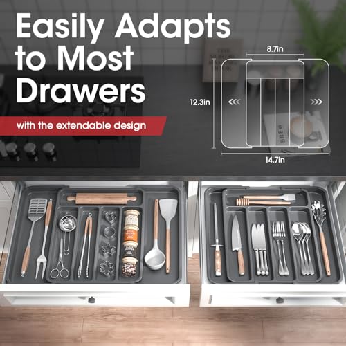 Aujen Silverware Organizer - Expandable Kitchen Drawer Organizer, Adjustable Utensil Organizer, Cutlery Tray for Forks, Knives, Multipurpose Kitchen Organizers and Storage Solution, Grey, Medium - color: Grey, size: Medium