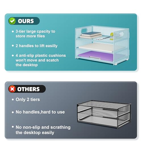 Marbrasse 3 Tier Paper Organizer Letter Tray, Mesh File Organizer with Handle, Paper Sorter Desk Organizer for Home Office Supplies(Blue) - color: Blue
