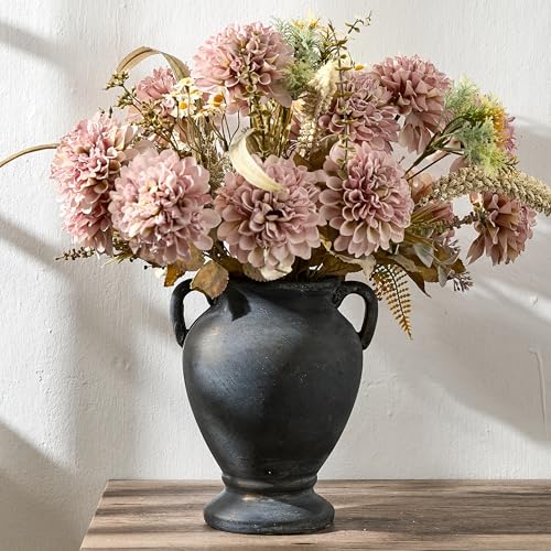 PORCER Ceramic Rustic Flower Vase with Handles, 8.36 Inch Tall Vintage Pottery Home Decor, Farmhouse Terracotta Vase for Living Room, Table, Shelf, Mantel Decoration, Farmhouse- Black Bronze - color: Black Bronze- 8.36"