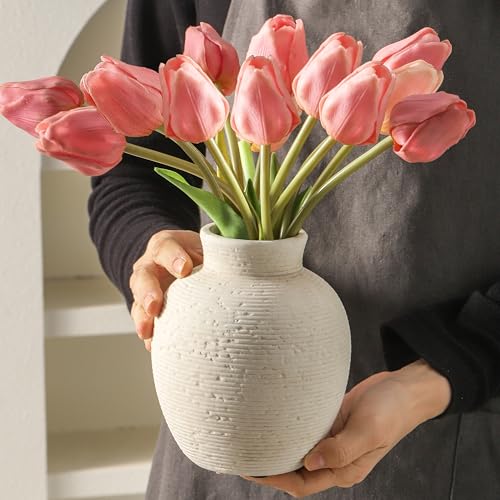 Vanselia Ceramic Flower Vase Home Decor - Small Farmhouse Table Vases Rustic Vintage Living Room Kitchen Bedroom Decorations for House Book Shelf Office Coffee Desk Dining Fireplace (6" Rustic) - color: Rustic-6" Xs