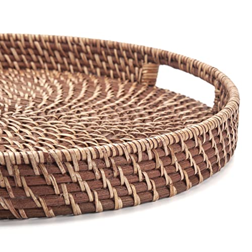 Round Rattan Woven Serving Tray with Handles Ottoman Tray for Breakfast, Drinks, Snacks for Coffee Table, Home Decorative (Honey Brown, 13.8"x2") - size: 13.8"