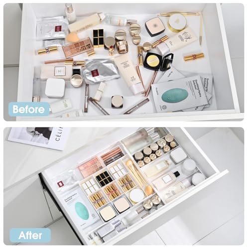 MIUOPUR Expandable Drawer Organizer, Width (10.6"-20.1") Depth (11"-20.1"), Plastic Makeup Drawer Organizer with 6 Removable Dividers, Silverware Organizer, Great for kitchen and Bathroom Drawers - color: White