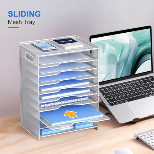 OUTWOLF 10 Tier Paper Organizer - Letter Tray Mesh Desk File Organizer with Handles for Office School Desktop, White - color: White