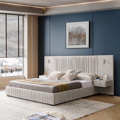 Luxury King Size Bed Frame with Oversized Upholstered Headboard, Modern Chenille Upholstered Platform Bed Frame with Gold LED Lights, Nightstands, No Box Spring Needed, Beige - color: Beige, size: King