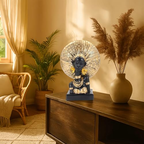 African Lady Bust Statue with Golden Headwrap – Resin Tribal Woman Sculpture for Home Decor, Black and Gold Figurine for Shelf, Table, Office, Living Room, Gifts for Women - color: 316gold