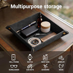 CoBak Leather Valet Tray for Men, Premium PU Leather Catch-All Tray for Entryway Table Key, Phone, Wallet, Coins & Jewelry, Bedside Nightstand Desk-top Catchall (Black) - color: Black