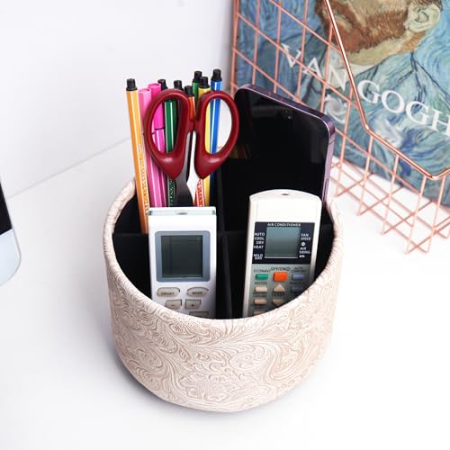 lizimandu Round Leather Art Supply Organizer,Remote Control Holder,360 Degree Spinning,Multi-Functional Pencil Holder,4 Compartments Desktop Stationary Organizer(1-Carved White) - color: 1-Carved White
