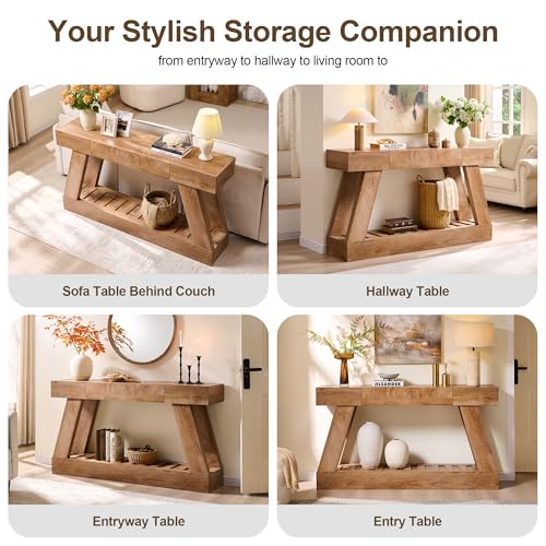 60" Farmhouse Entryway Table with Drawer, Wooden Hallway Foyer Table with Heavy Duty Base, Sofa Table for Living Room(Light Knotty Oak) - color: Light Knotty Oak