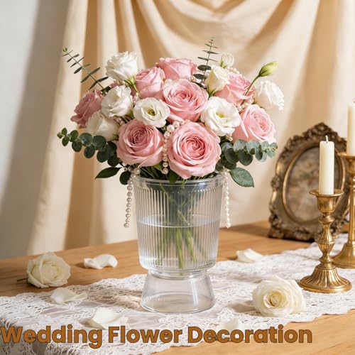 Tlence 12 Pack Clear Plastic Flower Vases, 6.3" Small Ribbed Fluted Glass-Like Vase, Decorative Modern Ripple Hydroponic Plant Vase with Base for Table Centerpieces Home Decor Wedding Decoration