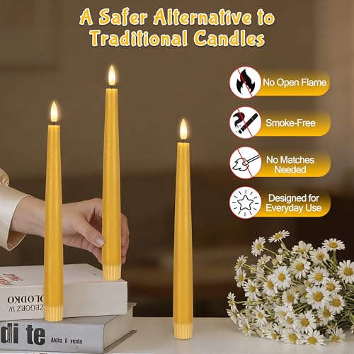 Yellow Flameless Taper Candles with Remote, 9.6 Inches Real Wax Battery Operated Candles, 3 Pack Flickering LED Candlesticks, Tall Taper Fake Candles for Home, Wedding, Party - color: Yellow