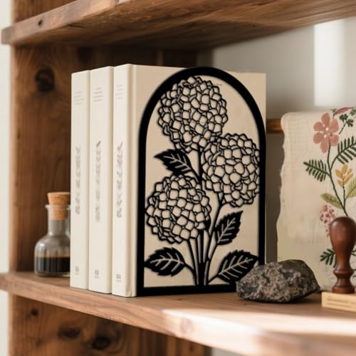 Peacoblue Metal Bookends for Shelves, Modern Decorative Heavy Duty Study Book Ends Stoppers for Office, Desk, Shelf, Room 5.3"x4.3"x7.9" Cast Iron Simple Tall Bookends 1 Pair (Hydrangea) - style: Hydrangea