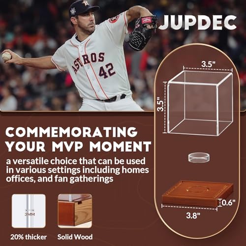 JupDec Baseball Display Case, Clear Cube Baseball Holder with Wooden Base, Autograph Baseball Stand Box for Single Ball, Acacia Wood, Brown, 2 Pack - size: 2 Pack