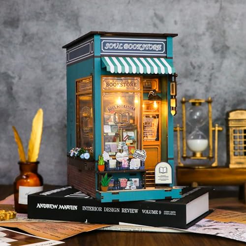 MEINESQIS Book Nook DIY Miniatures Book Nook Kit Store 3D Creative Decorative Bookend Bookshelf Insert Wooden Puzzle with Led Suitable for Teenagers Adults Halloween Christmas Decoration Gifts, Blue