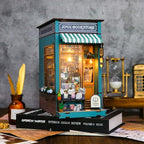 MEINESQIS Book Nook DIY Miniatures Book Nook Kit Store 3D Creative Decorative Bookend Bookshelf Insert Wooden Puzzle with Led Suitable for Teenagers Adults Halloween Christmas Decoration Gifts, Blue