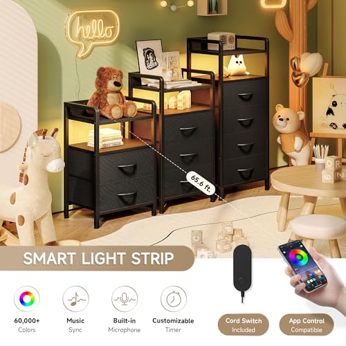 Lazzanto Night Stand Bedside Table Bedroom - Tall Nightstand with Charging Station & LED Light Strip, Bed Side Table with Storage Shelf & 4 Fabric Drawers, 2 U-S-B Ports & 2 AC Outlets - color: Black, size: 4 Drawers