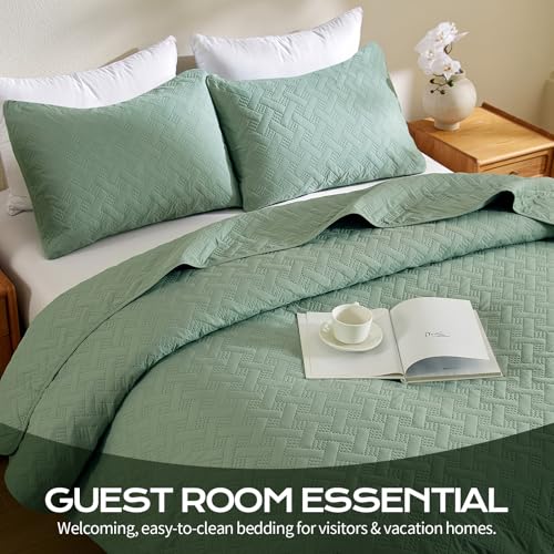 JYHOPE Sage Green Twin Quilt Set 68x90 Lightweight Microfabric Bedspread, 3-Piece Quilt Bedding with Pillow Shams, Summer Cooling Quilts, Ribbon Wrapped Gift - color: Weave Pattern-sage Green, size: Twin(68x90)