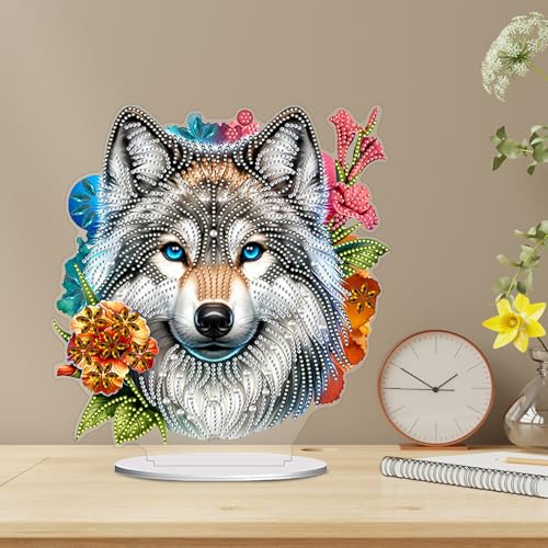 5D Tabletop Diamond Art Kit Flower Wolf, Stand Up Special Shaped Crystal Diamond Art Desktop Kits for Adults, DIY Diamond Painting Kits Craft, Box Package - color: Flower Wolf