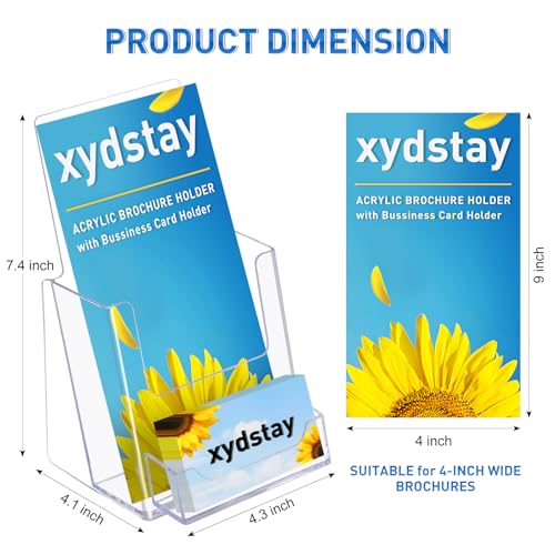 xydstay 4x9 Acrylic Brochure Holder with Business Card Holder, Clear Display Stand, Plastic Table stand Sign Holder, Pamphlet Holder Flyer Holder, Acrylic Display Stand for Office, Home, Store, 2 Pack