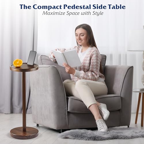 BLUEWEST Drink Table, 22" Tall Compact Side Table with Phone Slot and Weighted Base, Durable Pedestal Table Accent for Living Room (Flat, Walnut) - color: Walnut C