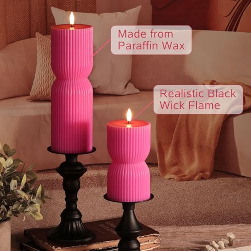 Hot Pink Ribbed Flameless Pillar Candles with Remote, Real Wax Flickering Battery LED Candles Set of 2 - color: Hot Pink