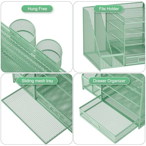 Marbrasse Desk Organizer with File Holder, 5-Tier Paper Letter Tray Organizer with Drawer and 2 Pen Holder, Mesh Desktop Organizer and Storage with Magazine Holder for Office Supplies (Green) - color: Green