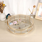 Hipiwe Gold Metal Perfume Tray - 12" Round Vanity Makeup Tray Jewelry Trinket Organizer Tray Coffee Table Decorative Tray Dresser Bathroom Tray with Acrylic Column Decor and Clear Glass Base