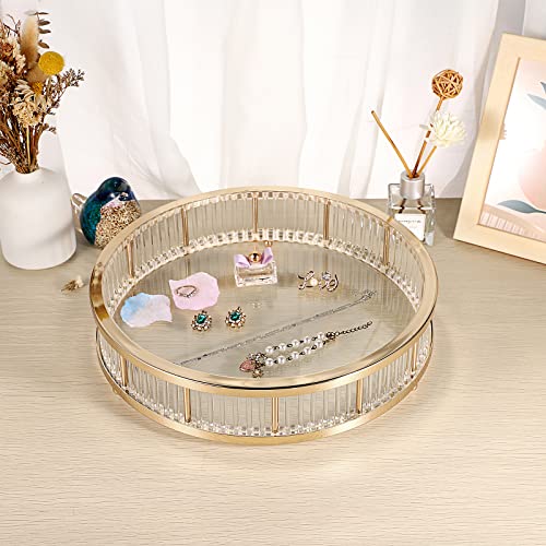 Hipiwe Gold Metal Perfume Tray - 12" Round Vanity Makeup Tray Jewelry Trinket Organizer Tray Coffee Table Decorative Tray Dresser Bathroom Tray with Acrylic Column Decor and Clear Glass Base