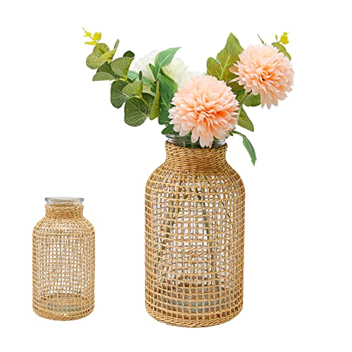 MDEOOSKY Straw Woven Glass Vase 7.87''x1.96''x4.13''Boho Glass Flower Vase Country Rustic Style Vase Glass Vase for Floral Arrangements Bottle Height (B Style 7.87IN) - size: 7.87IN