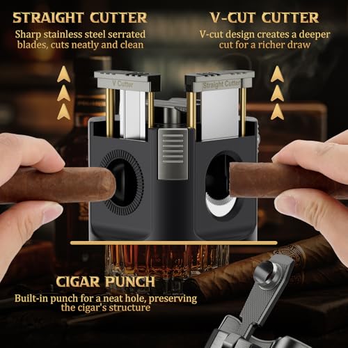 XIFEI 8-in-1 Desktop Cigar Lighter Kit, 4 Jet Flame Torch Lighter with V Cutter Guillotine, Punch, Holder, 3 Draw Enhancer Tools, 3 Ashtrays, Cigar Accessories for Home, Office, Bar & Gifts (Black) - color: Black