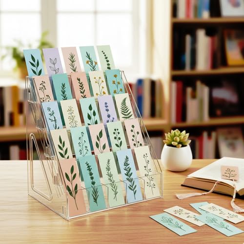 Bookmark Display Stand for 2.5''Bookmark, 5 Tier 25 Pockets Clear Acrylic Sticker Holder for Vendor Events Retail, Portable Stamp Display Shelf Rack