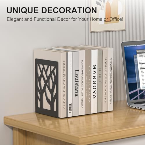 Bookends 4 Pieces, Tree Design Modern Metal Bookends for Shelves, Black Tree Book Ends Decorative Book Organizer for Desk, Decorative Shelve Book Stopper for Home Office - color: Black 4 Pieces