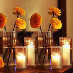 PHOSPHOR 24 Pcs Hurricane Candle Holders for Pillar Candle 6'', 8'', 10'' Tall Glass Cylinder Centerpieces Vases Floral - color: Striped Glass 24 Pcs