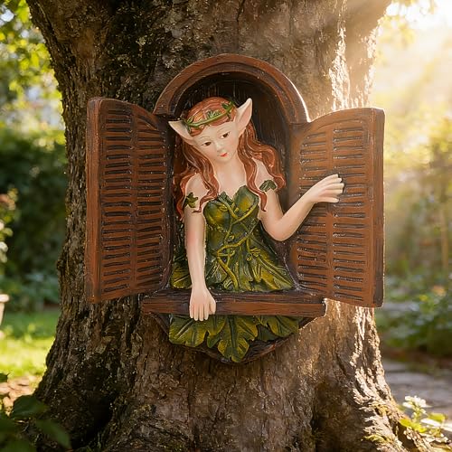 Teaeeno Whimsical Fairy Garden Gnome Statue, Tree Faces Decor Outdoor -7.8 Inch, Funny Garden Tree Decoration,Ideal Patio Yard Lawn Porch Decor - color: Orange
