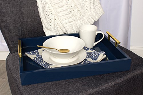 Kate and Laurel Lipton Decorative Tray with Polished Metal Handles, Navy Blue and Gold - color: Blue, size: 16.5" x 12.3" x 3.3"