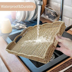 Serving Tray with Scalloped Edge, Rectangular Wicker Tray with Handles, Ideal for Breakfast or Meals in Bed and on Sofa, Decorative Coffee Table Tray to Enhance Dining (Beige)