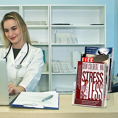 zavekia 3 Tier Acrylic Brochure Holder 8.5 x 11 inch, Clear Literature Organizer Magazine Stand with Removable Divider for 4 x 9 inch Brochures,Magazine Holder,Flyer Holder