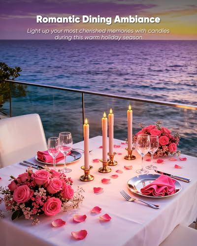 Homemory 6 Pcs Real Wax Pink Flameless Taper Candles with Remote Timer, 9.6 Inches LED Fake Candlesticks, LED Candle with 3D Flickering Flame for Romantic Wedding, Dinner, Xmas Anniversary Decor - style: Romantic - Pink 9.6"