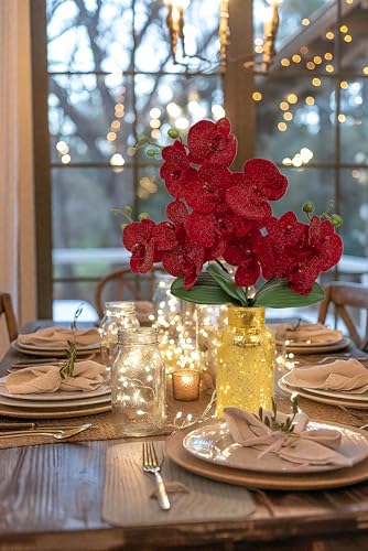 Red Orchids Artificial Flowers Faux Orchid Arrangement with Gold Glass Vase Real Touch Velvet Phalaenopsis Orchid Flowers Orchids Centerpiece for Dining Room Table - color: Red # Gold