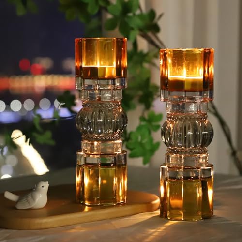 VOHO Amber Votive Candle Holders for Fall Decor, Set of 2 Vintage Tealight Candle Holder for Coffee Table Mantle, Tall Votive Holder Jazzy Glass Mix for Centerpiece(7.87x2.75 in W/H, Shades of Amber) - color: Shades of Amber