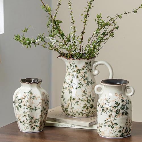 Ceramic Vase Set of 3, Green Chinoiserie Floral Pitcher Vases, Vintage Farmhouse Decor for Mantel, Fireplace, Kitchen Counter, Living Room, Bookshelf - color: 06-green and Beige-set of Three