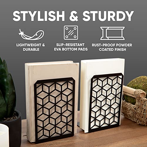 Geomod 3D Cube Black Metal Bookends Decorative for Heavy Books - Sturdy Boho Book Stops - Minimal Book Shelf Stopper - Durable Office Bookends - Weighted Metal Book Holders - 7x4.75 Inches - 2 Pair - color: Black, size: 2 Pairs, style: 3D Cube