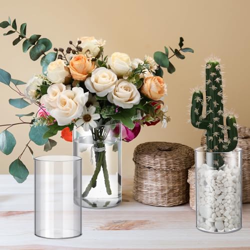 Vesici 20 Pcs Plastic Cylinder Vase Acrylic Cylinder Vase Bulk Small Clear Flower Container Hurricane Candle Holder Round Wide Container Centerpiece for Home Office Wedding Decorations (6 Inch) - size: 6 Inch