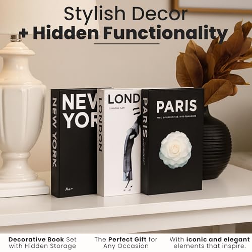 Decorative Books - Coffee Table Decor - Faux Books for Decoration & Bookshelf Decor - Aesthetic Fake Books for Decoration - Decorative Boxes with Hidden Storage – Decor Bookend - Set of 3 Ref Cities