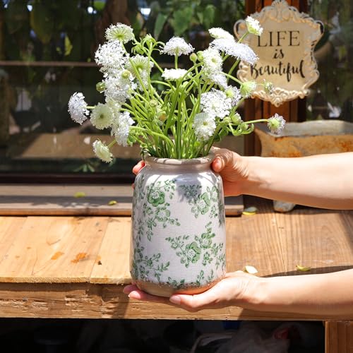 Ronasip Vintage Blue and White Chinoiserie Ceramic Vase, 6.9” Hand-Painted Peony Floral Design, Antique Style Vases for Home Decor, Centerpieces, Living Room, Balcony (Green and White) - color: Green and White