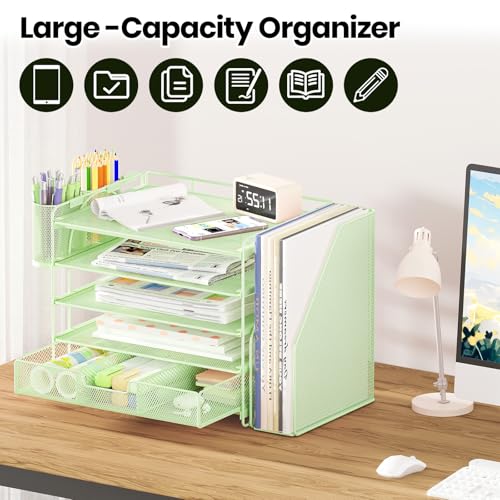 OPNICE Desk Organizer, 5-Tier Paper File Organizer with Drawer & Pen Holder, Office Desk Accessories, Workspace Desktop Organizer for Office Supplies(Green) - color: Green, size: 5-Tier